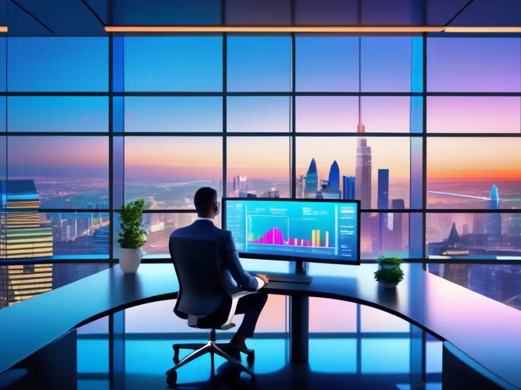 Un inversionista analiza datos financieros en una oficina moderna Importancia VPN para proteger activos online en un espacio de oficina moderno y vibrante