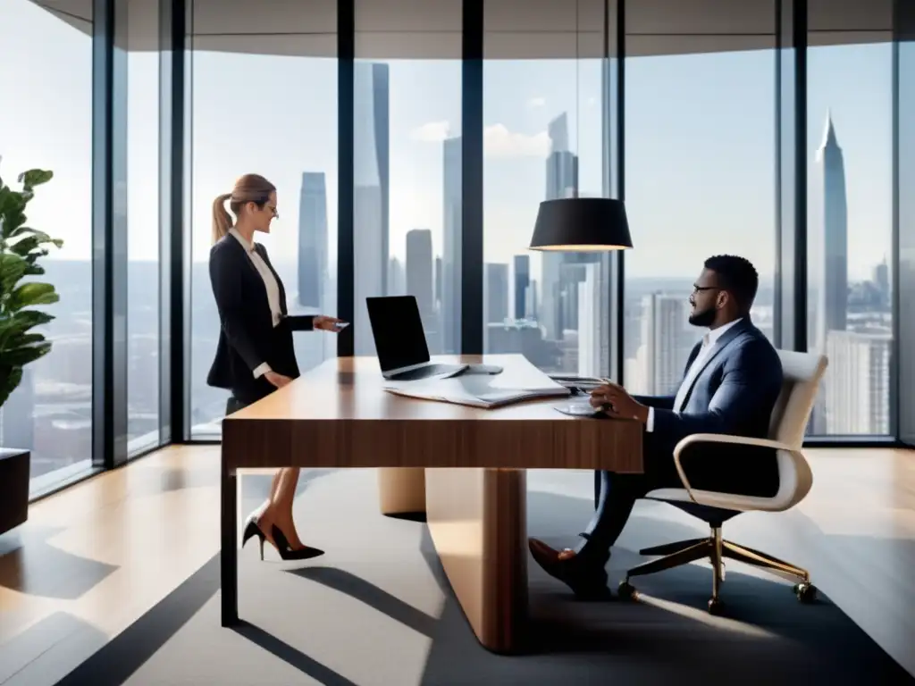 Oficina moderna con agente inmobiliario y cliente Importancia agentes inmobiliarios en inversiones, oficina moderna con vista a la ciudad