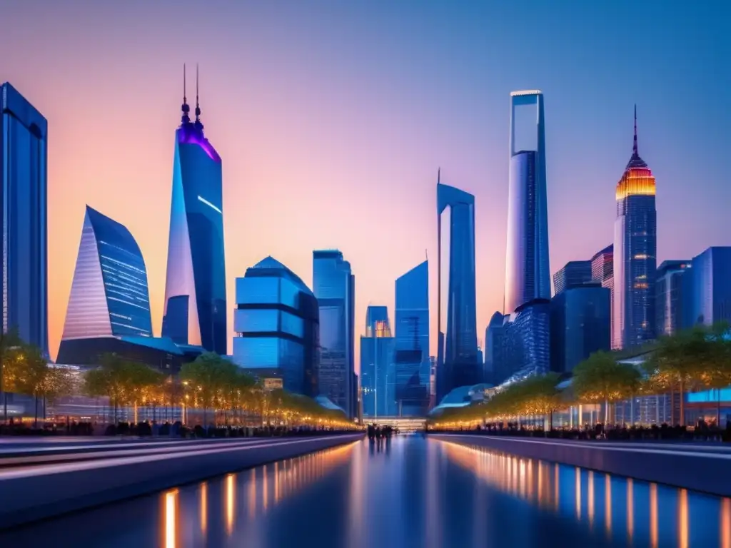 Ciudad moderna al atardecer: rascacielos, luces y éxito Importancia agentes inmobiliarios en inversiones: Ciudad moderna al atardecer, rascacielos iluminados y personas con maletines
