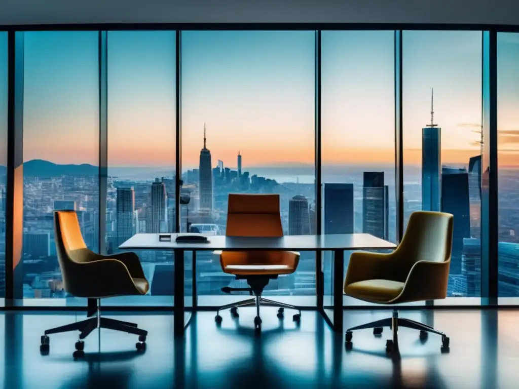 Oficina moderna con vista panorámica Importancia análisis financiero en inversiones: Oficina moderna, vista panorámica, profesional analizando datos financieros en pantalla