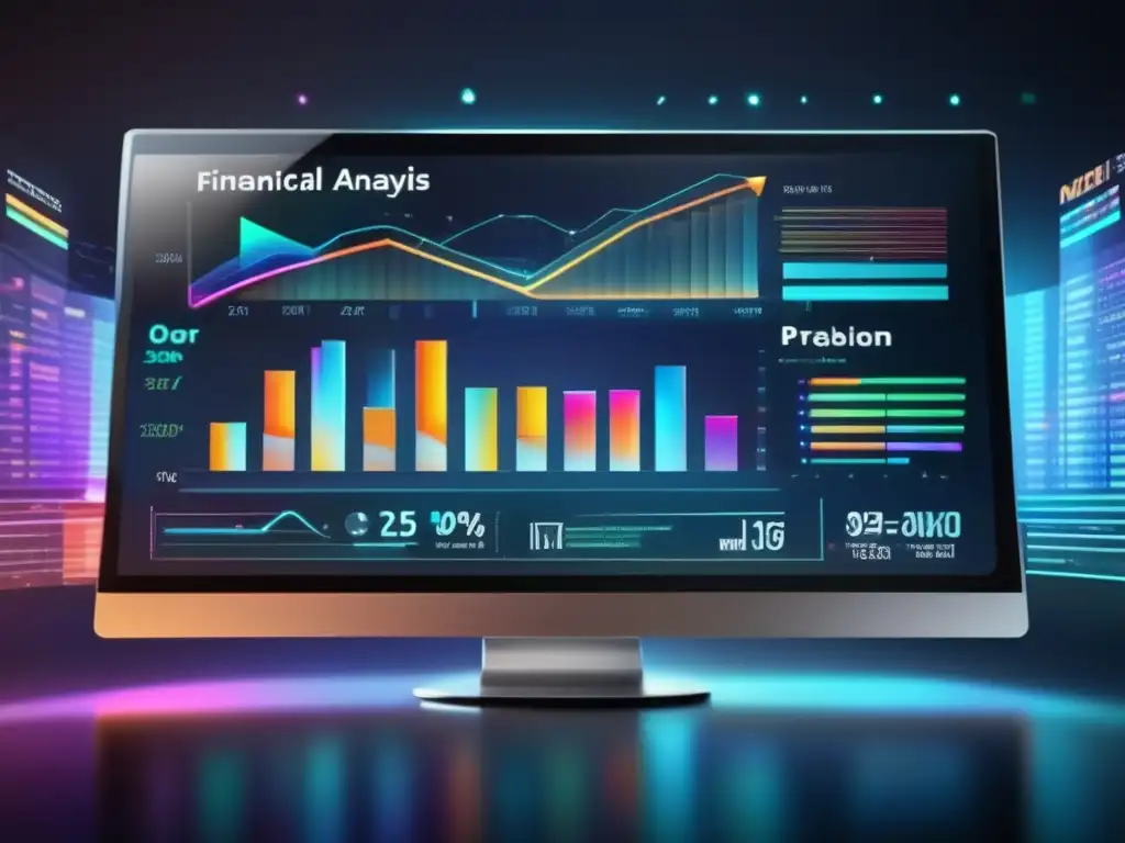 Análisis financiero con gráficos holográficos Importancia del análisis financiero en inversiones con visualización de datos vibrante y sofisticada