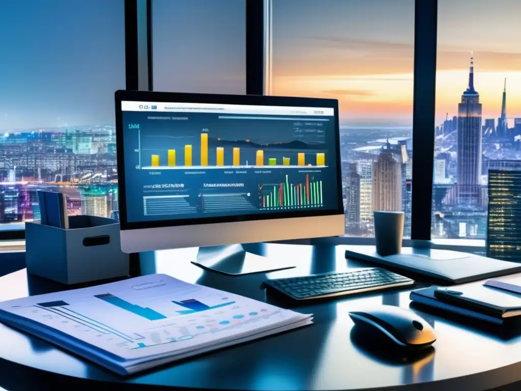 Oficina moderna con vista a la ciudad Importancia del análisis financiero en inversiones: Oficina moderna con vista panorámica de una ciudad y persona analizando informes financieros