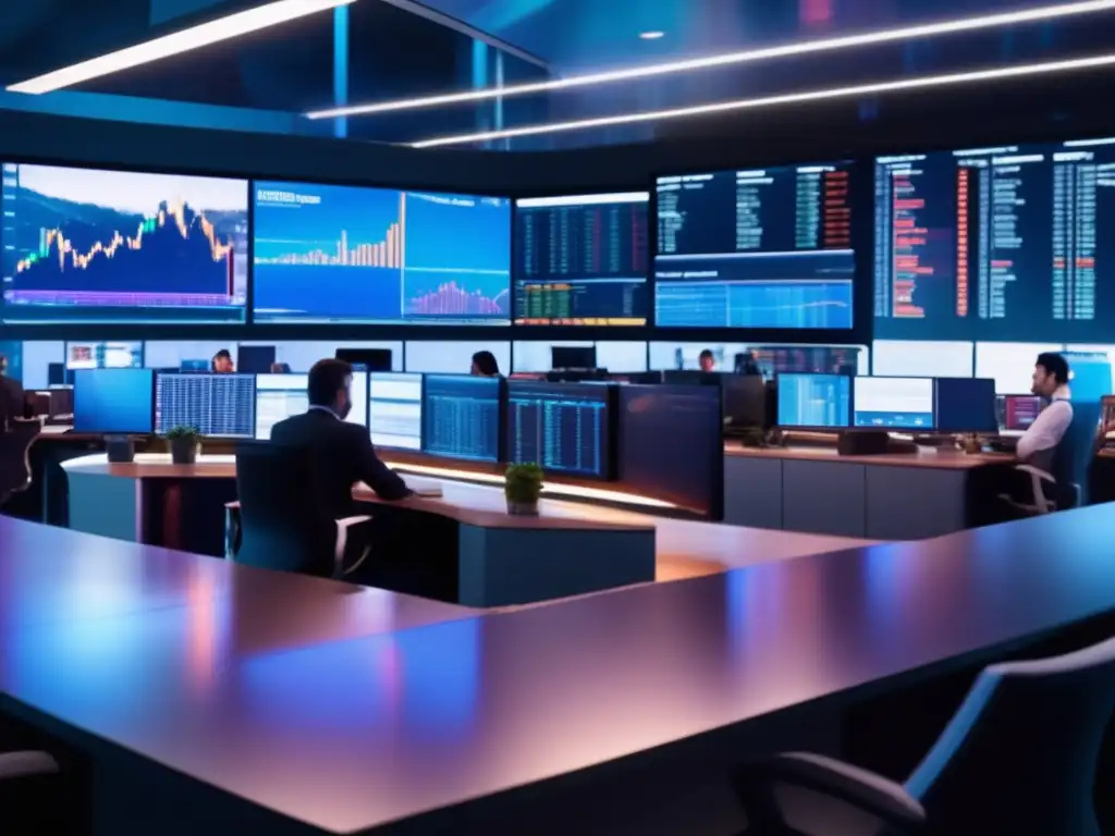Trading de criptomonedas en piso moderno Importancia análisis fundamental en criptomonedas: Trading floor 8k, luz suave, traders expertos, datos mercado y gráficas cautivadoras