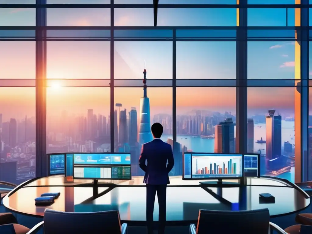 Panorámica de mercado financiero asiático al amanecer Importancia análisis técnico mercados asiáticos: panorámica vibrante de mercado financiero asiático al amanecer