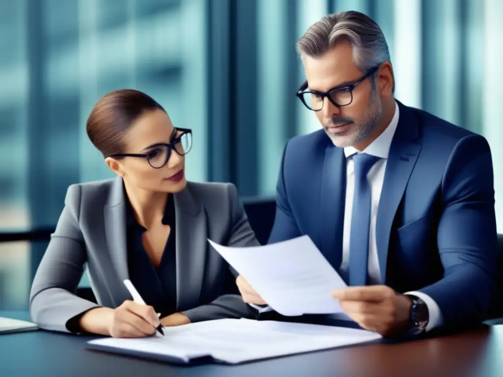 Asesor financiero y cliente en oficina moderna Importancia asesoramiento financiero profesional: Asesor y cliente en oficina moderna, transmitiendo confianza y profesionalismo