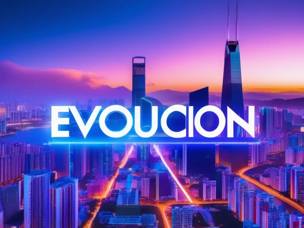 Ciudad futurista con blockchain y tecnología Importancia del blockchain en la evolución financiera: imagen futurista de una ciudad con rascacielos iluminados por luces de neón y símbolos de blockchain, rodeada por un vórtice digital