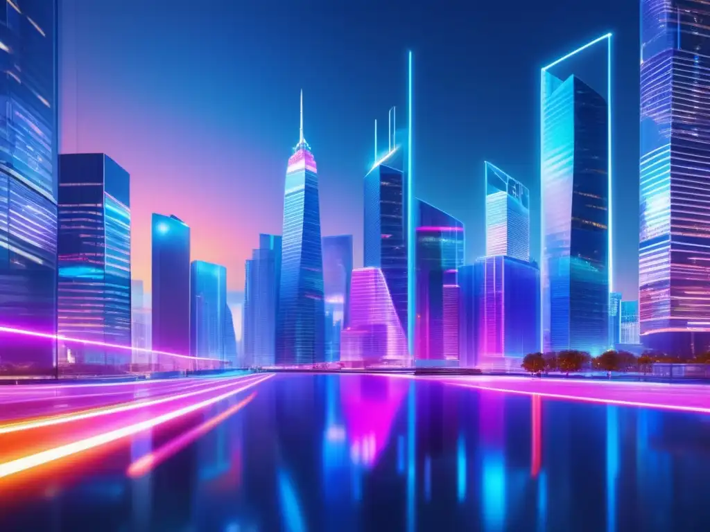 Futuro distrito financiero con blockchain Importancia del blockchain en la evolución financiera con vibrante imagen 8K futurista de distrito financiero iluminado y conectado