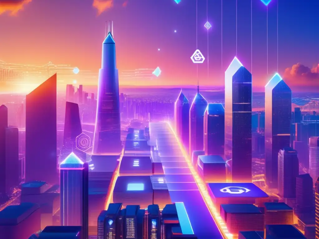 Ciudad futurista con blockchain y transacciones financieras Importancia del blockchain en la evolución financiera