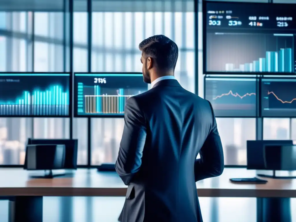 Oficina moderna con inversor analizando datos bursátiles Importancia canales precios estrategia inversión en moderna oficina con inversor analizando datos