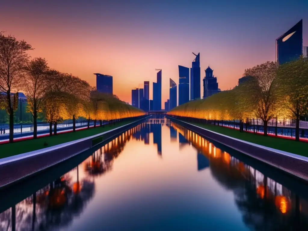 Ciudad moderna con canales y precios Importancia canales precios estrategia inversión en una ciudad moderna con canales y rascacielos reflejando el atardecer