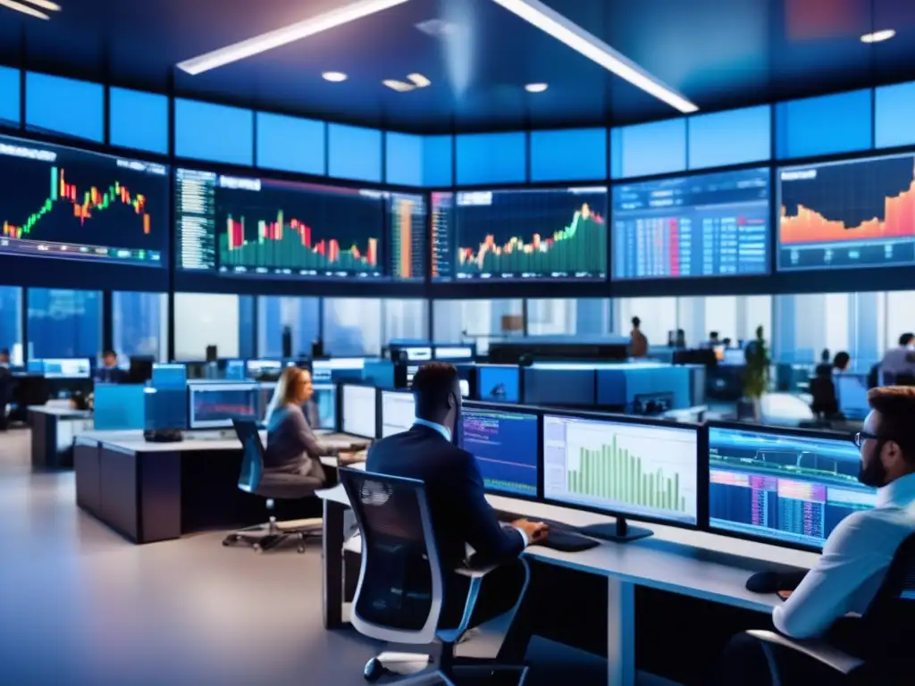 Traders en acción en moderna sala de trading Importancia de canales de precios en estrategia de inversión