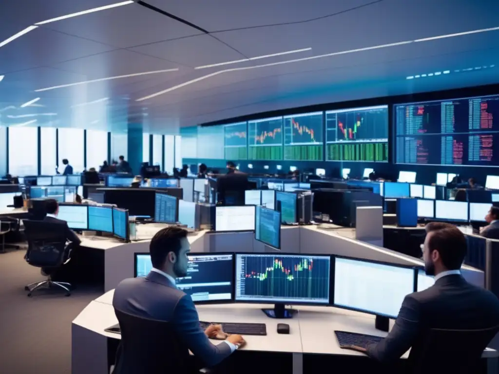 Traders analizando datos en sala de trading Importancia canales precios estrategia inversión en piso de trading moderno