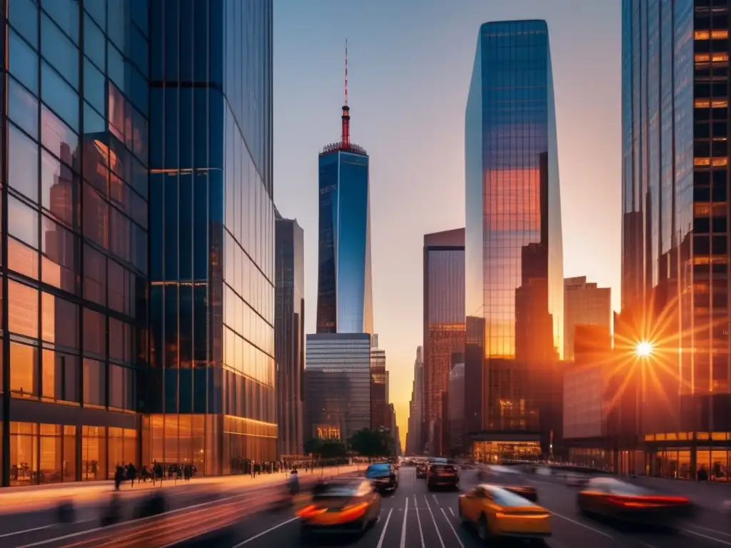 Distrito financiero moderno al atardecer Importancia de diversificar cartera: Imagen impresionante de un distrito financiero moderno al atardecer
