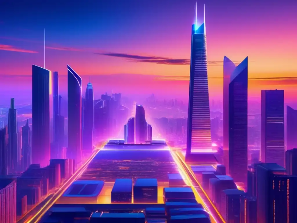 Ciudad futurista iluminada con neon Importancia CDP: ciudad futurista, rascacielos, luces neón y estrategias de inversores