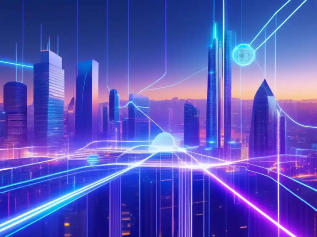Ciudad futurista con datos y nodos interconectados Importancia de Chainlink en contratos inteligentes: Futura ciudad con nodos interconectados, datos en flujo y luces de neón vibrantes