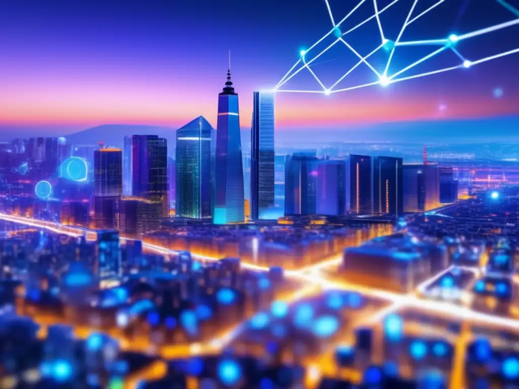 Futuro de contratos inteligentes y datos reales Importancia de Chainlink en contratos inteligentes con imagen de ciudad futurista y oráculos descentralizados