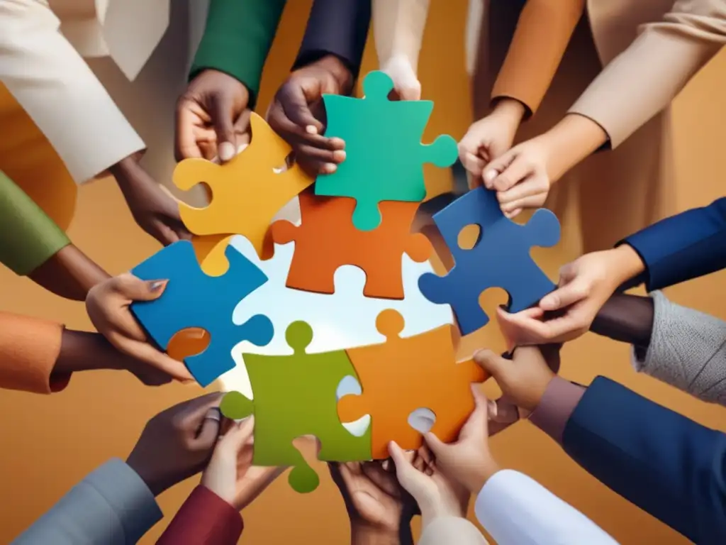 Grupo diverso de personas unidas en círculo con piezas de rompecabezas Importancia de cooperativas en sistema financiero inclusivo