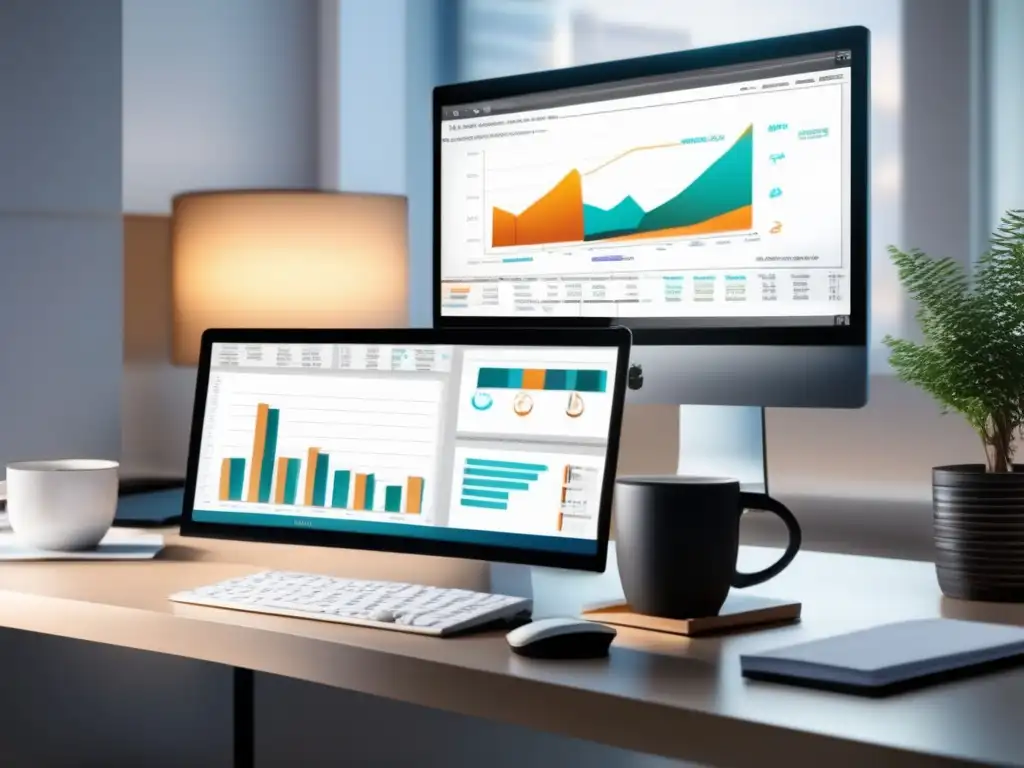 Espacio de trabajo moderno y organizado Importancia copias de seguridad en inversiones: Oficina moderna, eficiente y organizada, con gráficos financieros y luz natural