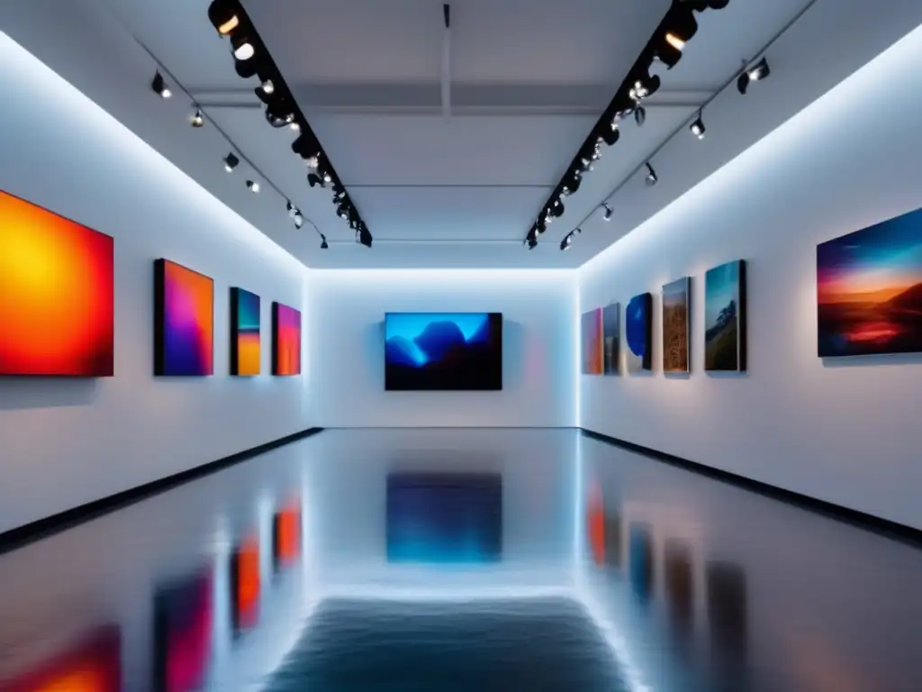 Galería de arte contemporáneo con obras vibrantes y visitantes Importancia críticos arte valor coleccionables - Galería contemporánea con obras vibrantes y escultura de vidrio reflejando luz y color