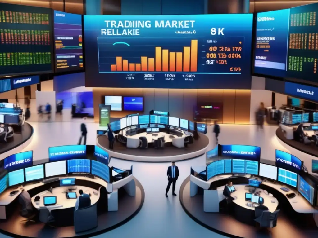 Traders en acción, mercado bursátil Importancia del dólar en inversiones en un bullicioso piso de bolsa 8k con traders profesionales y moderna arquitectura