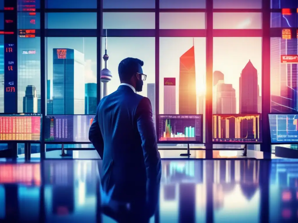 Mercado financiero global y trader monitoreando datos bursátiles Importancia del dólar en inversiones: Imagen de mercado financiero global con trader y gráficos en tiempo real