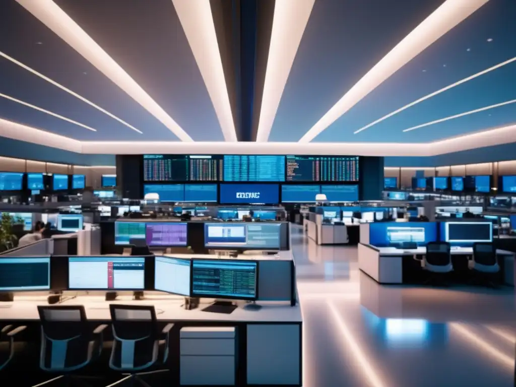 Traders en piso de operaciones Importancia del dólar en inversiones: trading global, oficinas de vidrio, pantalla de cotizaciones, detalles vibrantes