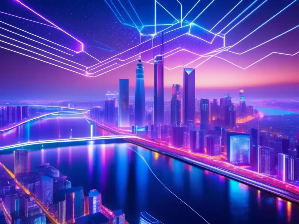 Futuro urbano: criptomonedas y tecnología Importancia de las altcoins en la economía: ciudad futurista, luces neón, rascacielos, personas discutiendo, smartphones con logos de altcoins