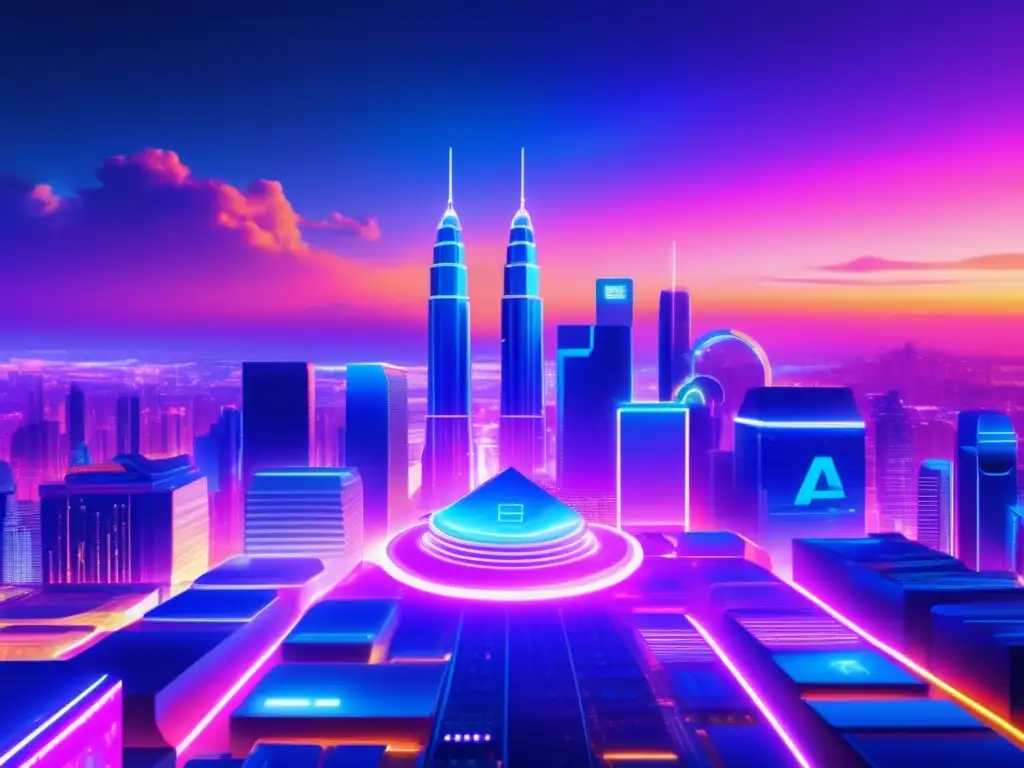 Futuro mercado de altcoins vibrante Importancia de las altcoins en la economía: paisaje digital futurista con rascacielos de altcoins brillantes, graficas y traders emocionados