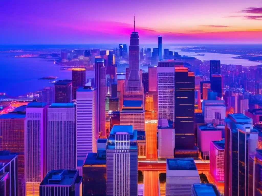 Ciudad moderna al atardecer Importancia estándar CDP en estrategias inversores - Ciudad moderna con rascacielos iluminados y vibrantes colores al atardecer