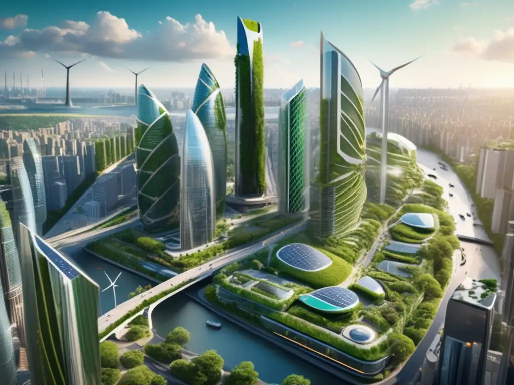 Ciudad sostenible con rascacielos verdes Importancia de etiquetas verdes en inversiones financieras: ciudad sostenible, arquitectura moderna y naturaleza