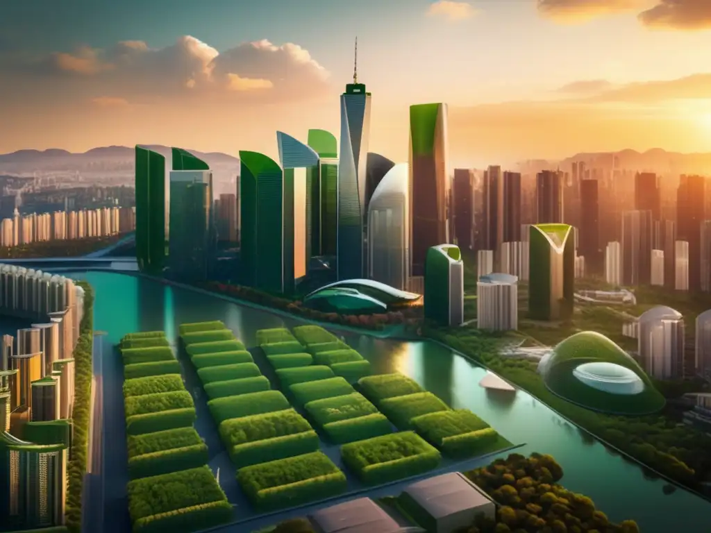 Ciudad moderna al atardecer con rascacielos verdes Importancia de etiquetas verdes en inversiones financieras