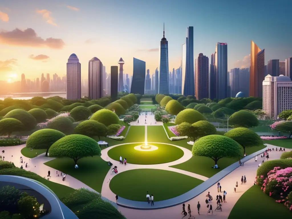 Ciudad sostenible con influencia financiera Importancia de etiquetas verdes en inversiones financieras: ciudad con parque verde vibrante rodeado de rascacielos, senderos y actividades