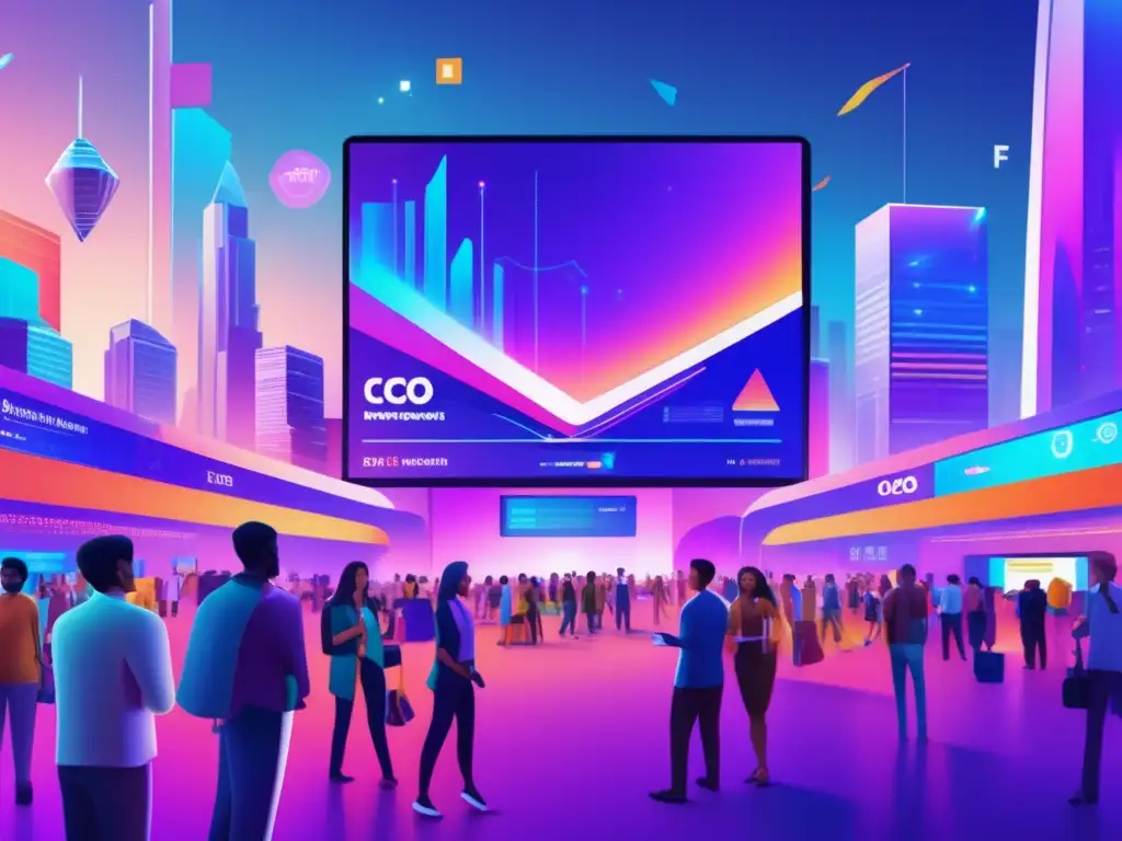 Digital marketplace ICOs Importancia de las ICO en financiación comunitaria: escena futurista 8k con mercado digital, diversidad y gráficos financieros