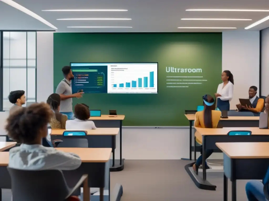 Clase financiera moderna con estudiantes participativos Importancia de educación financiera para jóvenes en aula moderna con tecnología avanzada y diversidad estudiantil