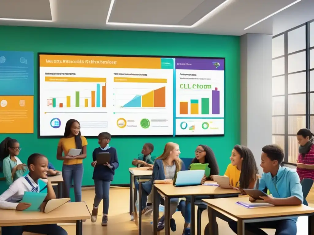 Estudiantes participando activamente en una lección de educación financiera Importancia educación financiera jóvenes: Vivida imagen de un aula moderna con estudiantes involucrados en lección educación financiera