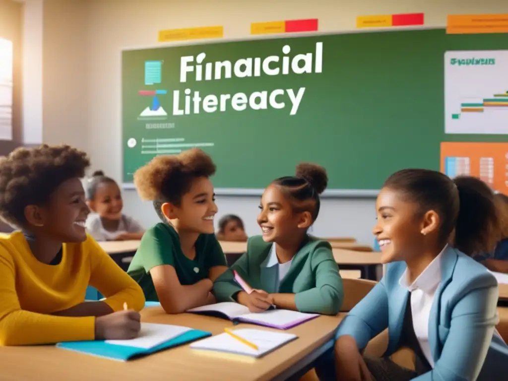 Grupo de alumnos aprendiendo finanzas Importancia educación financiera en microfinanzas: estudiantes atentos, aula moderna y diversa, maestro entusiasta