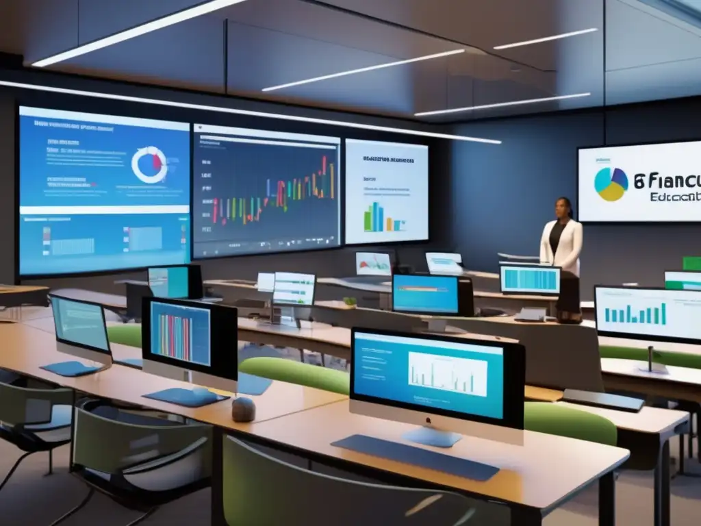 Finanzas y educación: preparando una sociedad capacitada Importancia educación financiera: sala de clase moderna, estudiantes comprometidos, ambiente de aprendizaje virtual con gráficas y datos financieros
