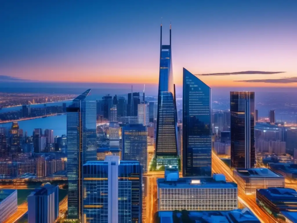 Edificio de vidrio destacado en una ciudad moderna al atardecer Importancia gestión riesgo inversiones inmobiliarias en un skyline moderno y elegante al atardecer con un edificio destacado