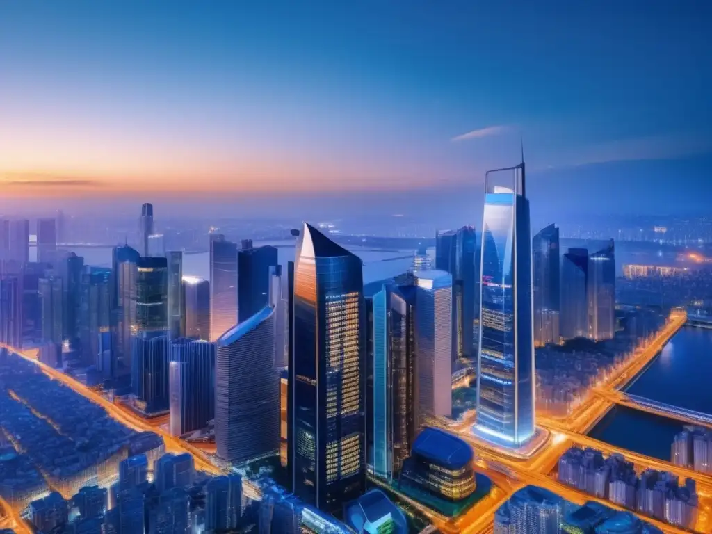 Panorámica urbana con rascacielos y luces Importancia gestión riesgo inversiones inmobiliarias: Ciudad panorámica con rascacielos, luces y puente