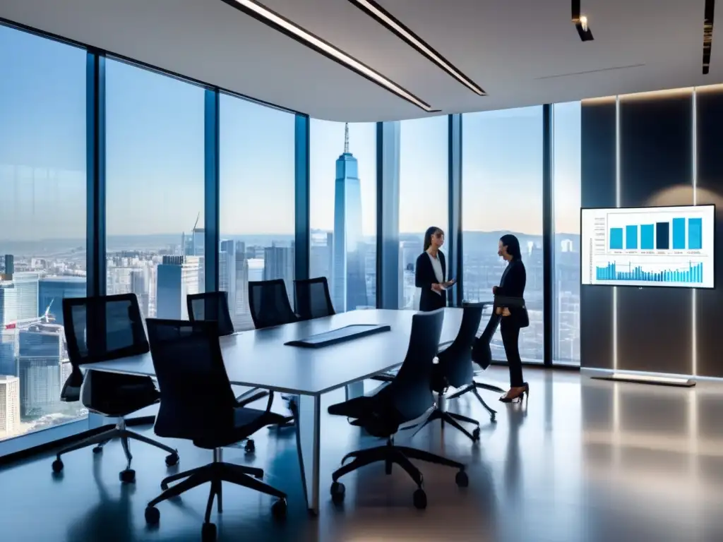Oficina moderna con vista a la ciudad y profesionales discutiendo Importancia gestión riesgo inversiones inmobiliarias en moderna oficina con vistas a la ciudad, profesionales analizando datos y presentando gráficos