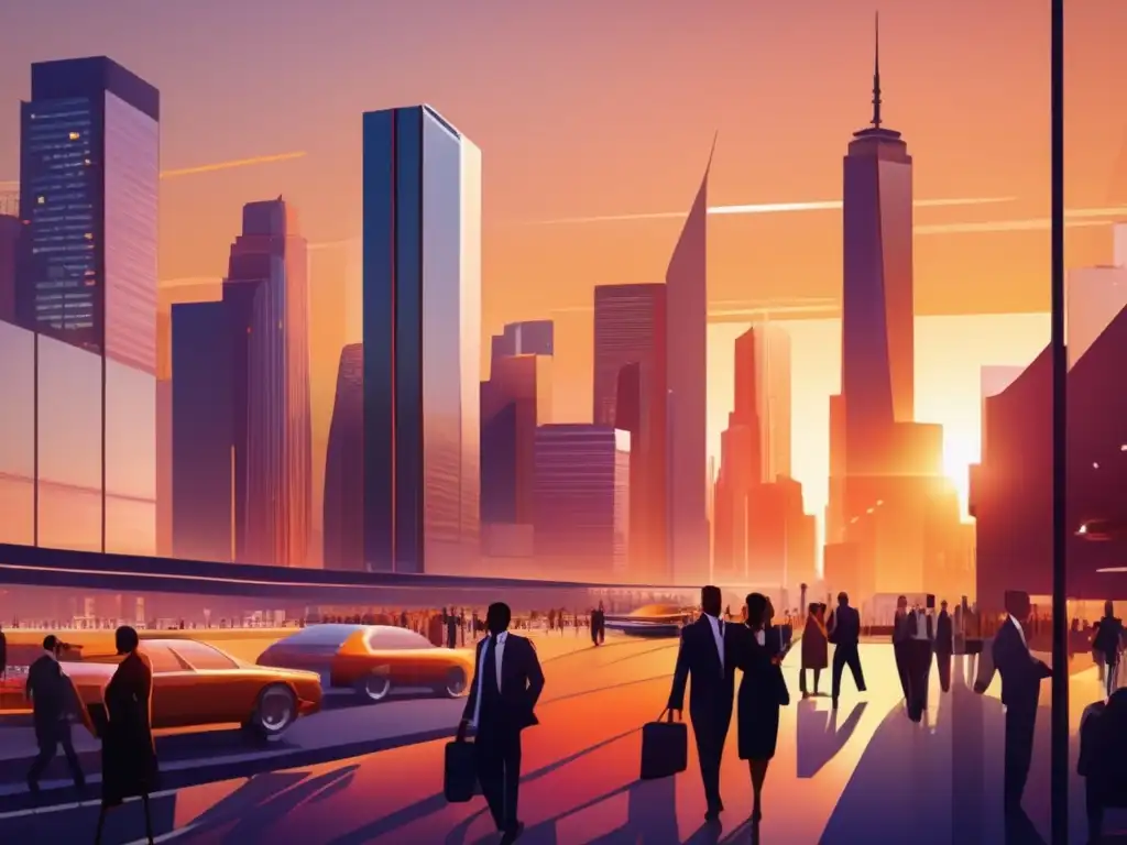 Ciudad moderna al atardecer con empresarios discutiendo Importancia gestión riesgo en inversiones inmobiliarias