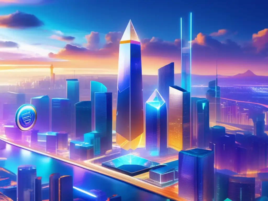 Gobernanza criptográfica: modelos y su impacto Importancia de gobernanza en criptomonedas: ciudad futurista con modelos centralizados, descentralizados y híbridos