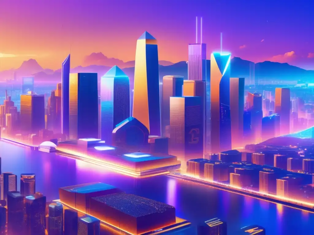 Futurista ciudad con arquitectura moderna y tecnología blockchain Importancia de gobernanza en criptomonedas: Futurista ciudad con rascacielos, arquitectura moderna y reunión diversa en mesa transparente