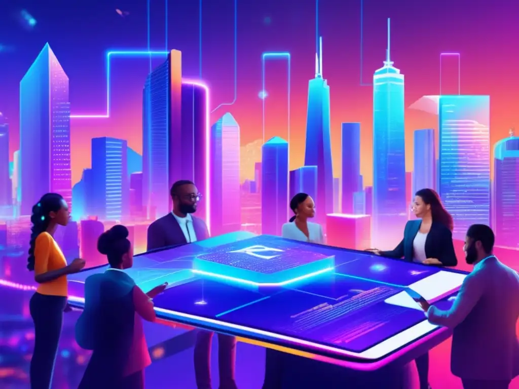 Ciudad futurista con criptomonedas Importancia de gobernanza en criptomonedas: Ciudad futurista con rascacielos holográficos, red interconectada y personas discutiendo con gráficos
