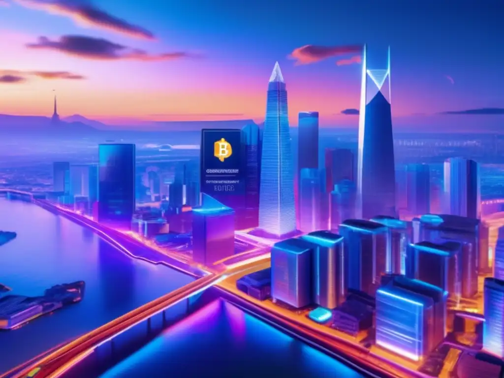 Futuro de la gobernanza en criptomonedas Importancia de la gobernanza en criptomonedas: una imagen impactante que captura la esencia de la buena gobernanza en proyectos de criptomonedas, con una ciudad futurista iluminada al atardecer, edificios modernos y exhibiciones digitales de diferentes criptomonedas