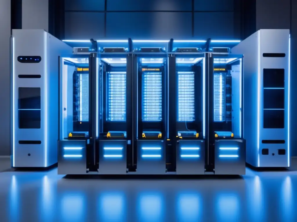 Equipo minero futurista y eficiente Importancia del Hash Rate en minería: equipo de minado futurista con potentes GPUs y control central