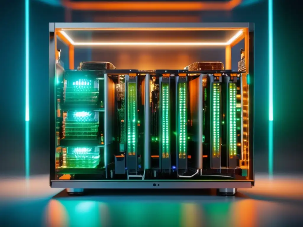 Minero futurista de alta tecnología Importancia Hash Rate: Futurista rig minero 8k, iluminado en azul, con GPUs y ASICs en capas transparentes