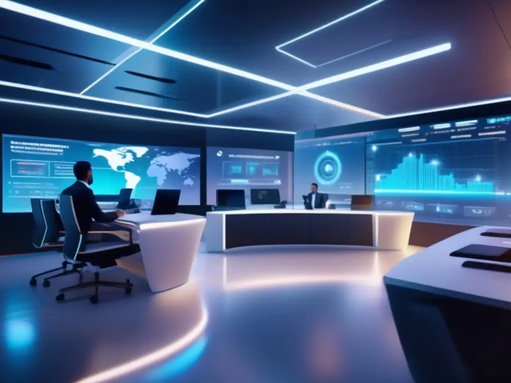 Centro financiero de vanguardia con IA Importancia de la formación en IA financiera en un centro moderno con tecnología avanzada y expertos trabajando con algoritmos