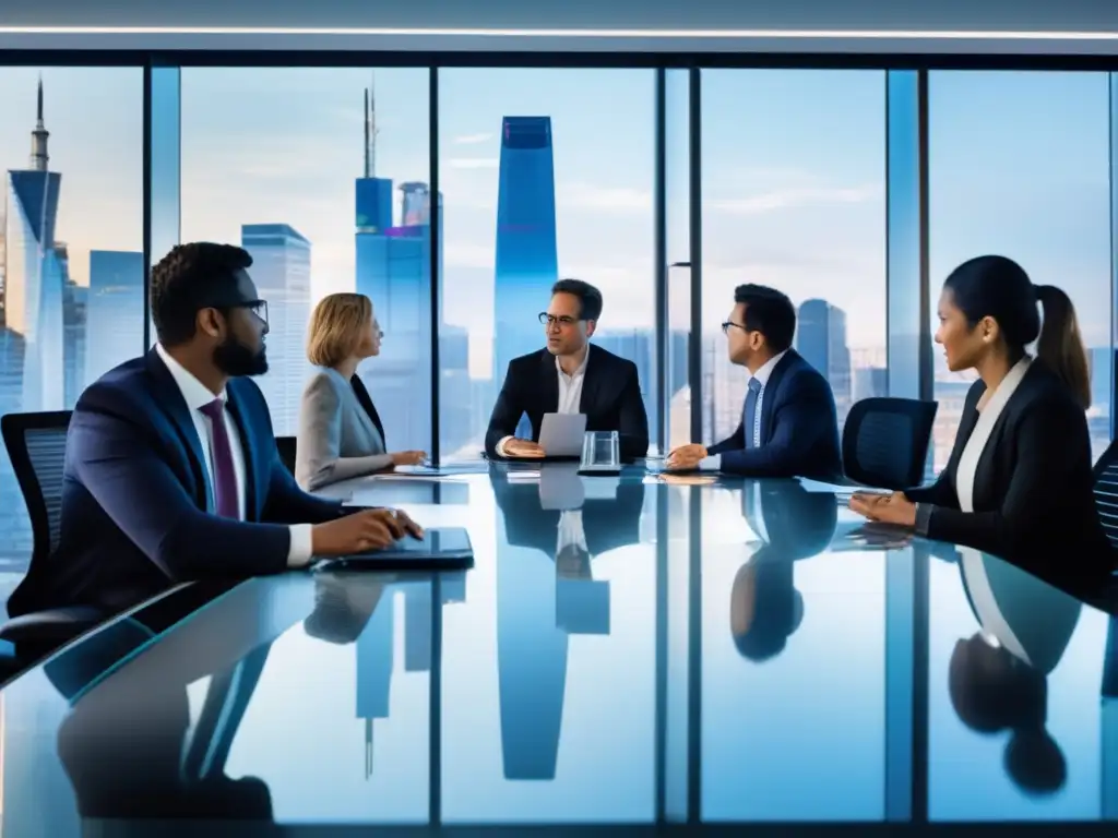 Equipo financiero discutiendo con IA Importancia de la formación en IA financiera: expertos financieros analizan datos y algoritmos en una oficina moderna con vista a la ciudad