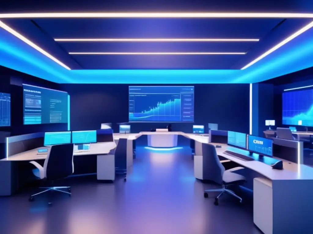 Futuro financiero con IA Importancia de la formación en IA financiera en moderna sala de trading futurista